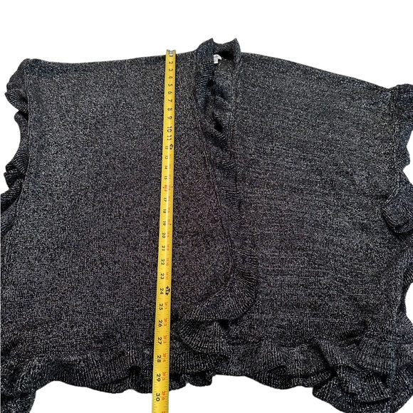 Just Jamie Black & Silver Metallic Ruffled Waterfall Open Arm Shawl Cardigan OS - Picture 10 of 13